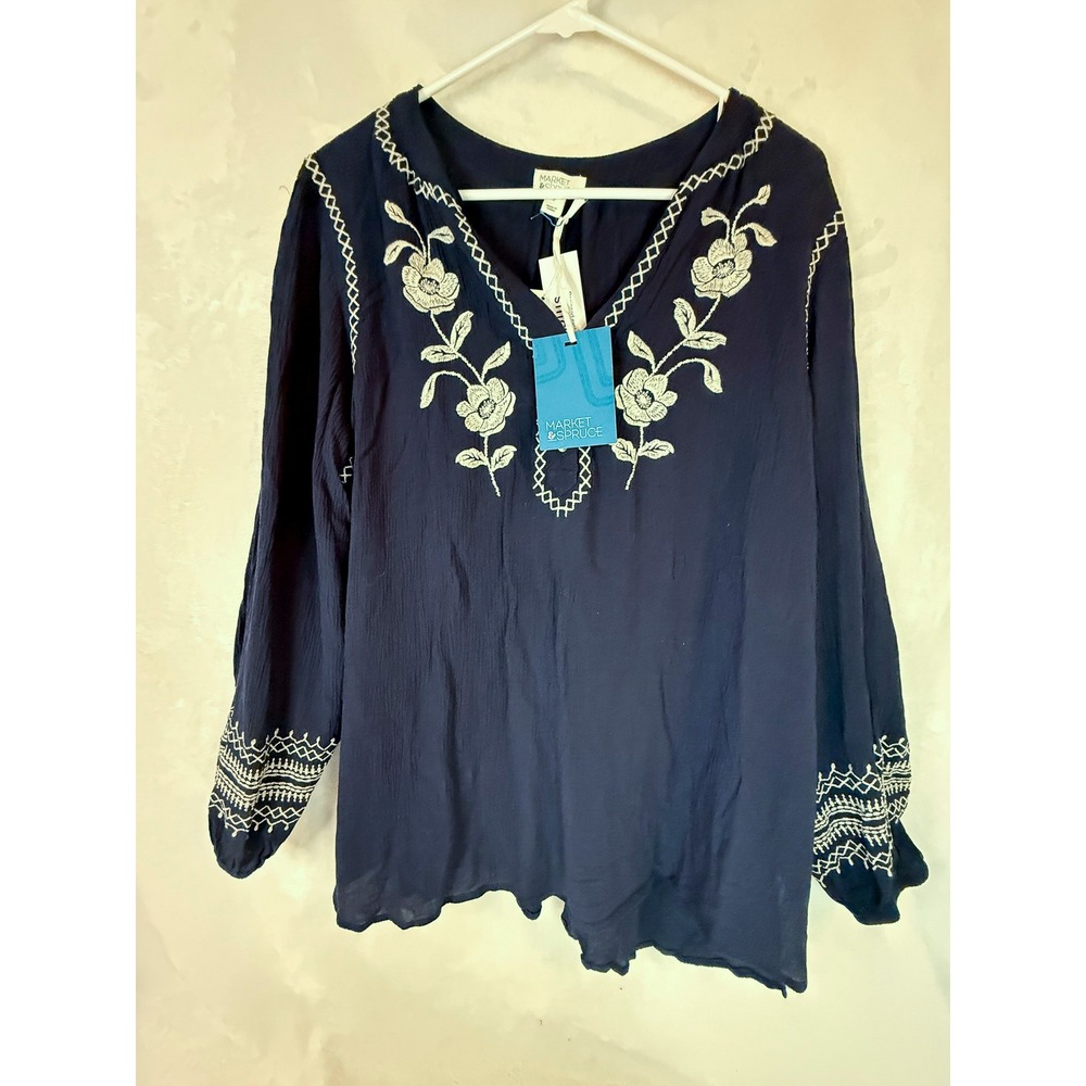 Market & Spruce NWT Navy Embroidered Peasant Blouse Boho Tunic Top Size XL - Picture 3 of 7